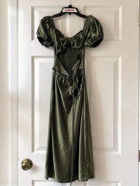 Princess Polly Olive Satin Puff Sleeve Midi Dress Front Cut Out Cottagecore